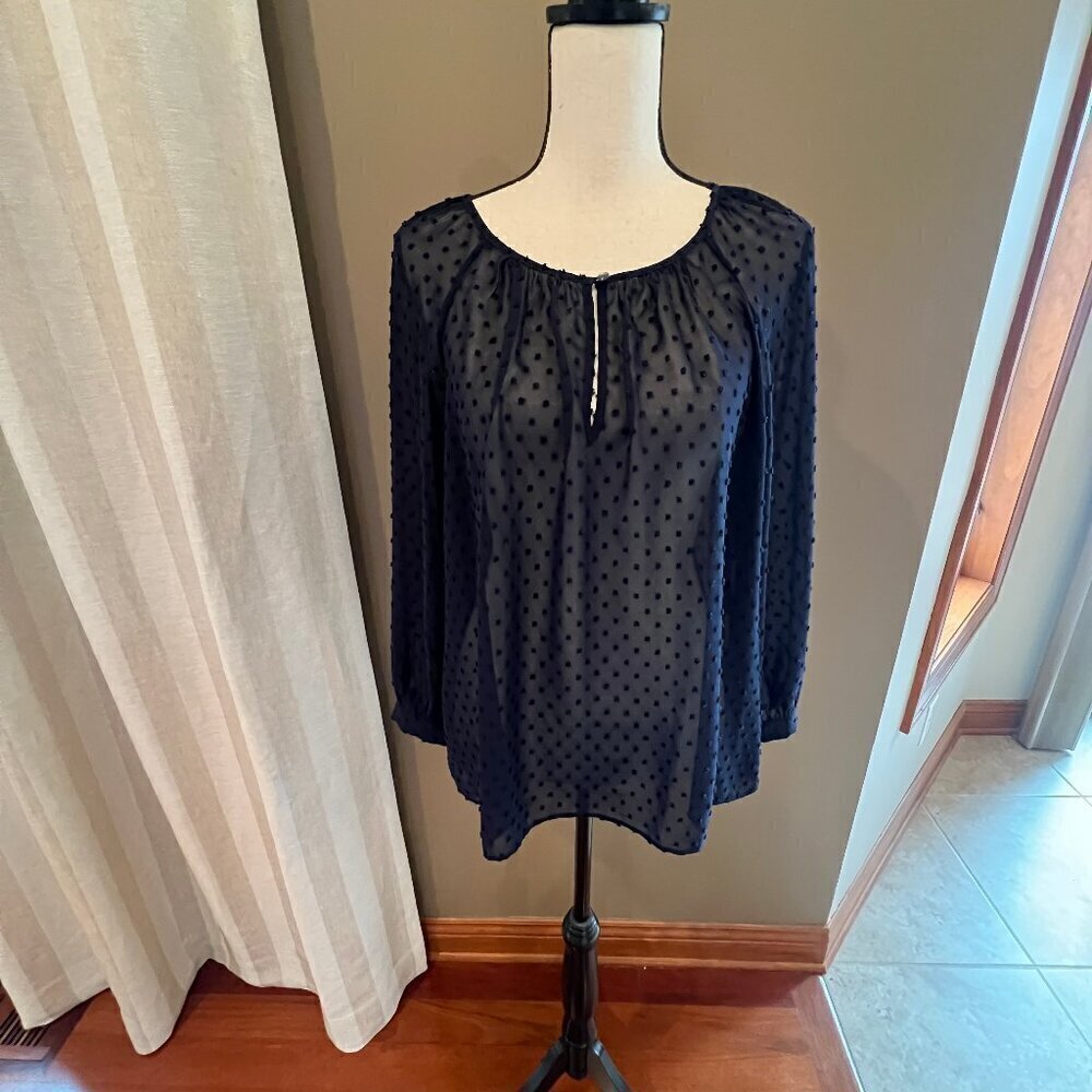 J. Crew Navy Swiss Dotted Long Sleeve Button Keyhole Sheer Blouse, Size Medium